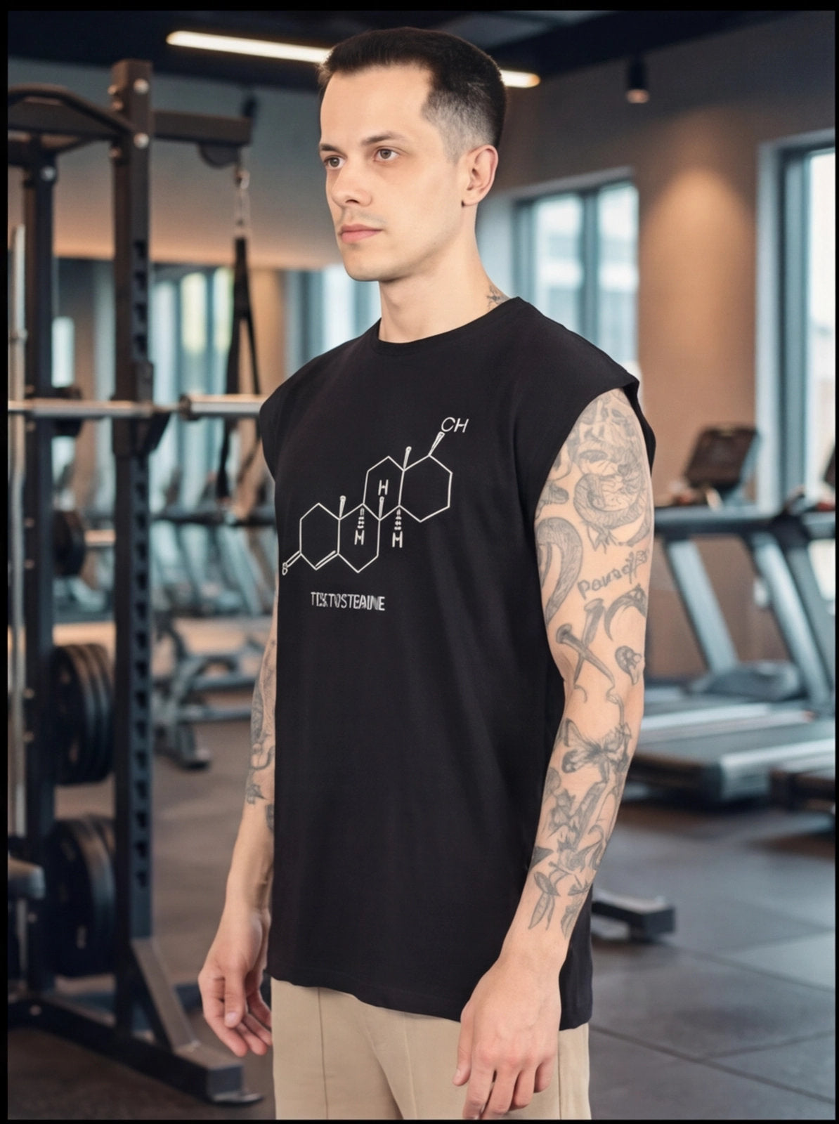 Man in gym wearing black sleeveless testosterone molecule tee, fitness apparel for athletes