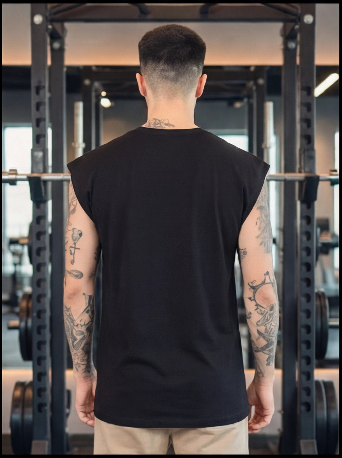 Man wearing black sleeveless gym shirt, tattoos visible, standing in functional fitness gym with squat rack
