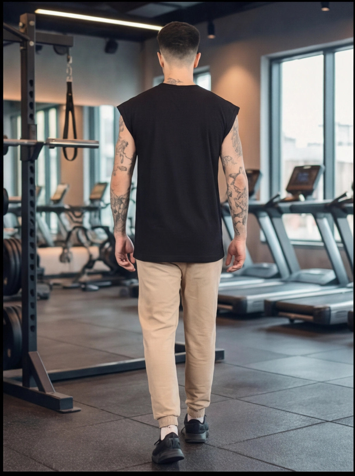 Man in black sleeveless gym shirt and tan joggers walking through fitness center with treadmills and squat rack