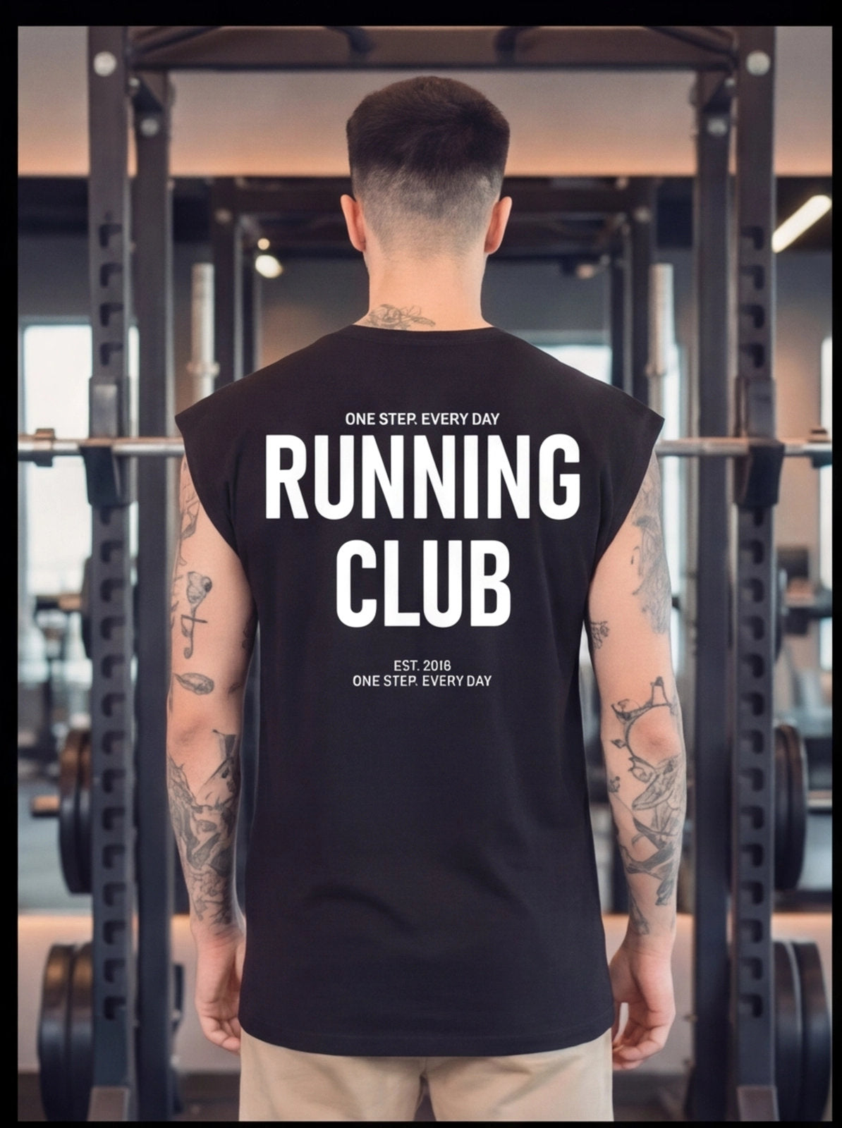 Man wearing black 'Running Club' sleeveless gym shirt with tattoos, standing in fitness studio
