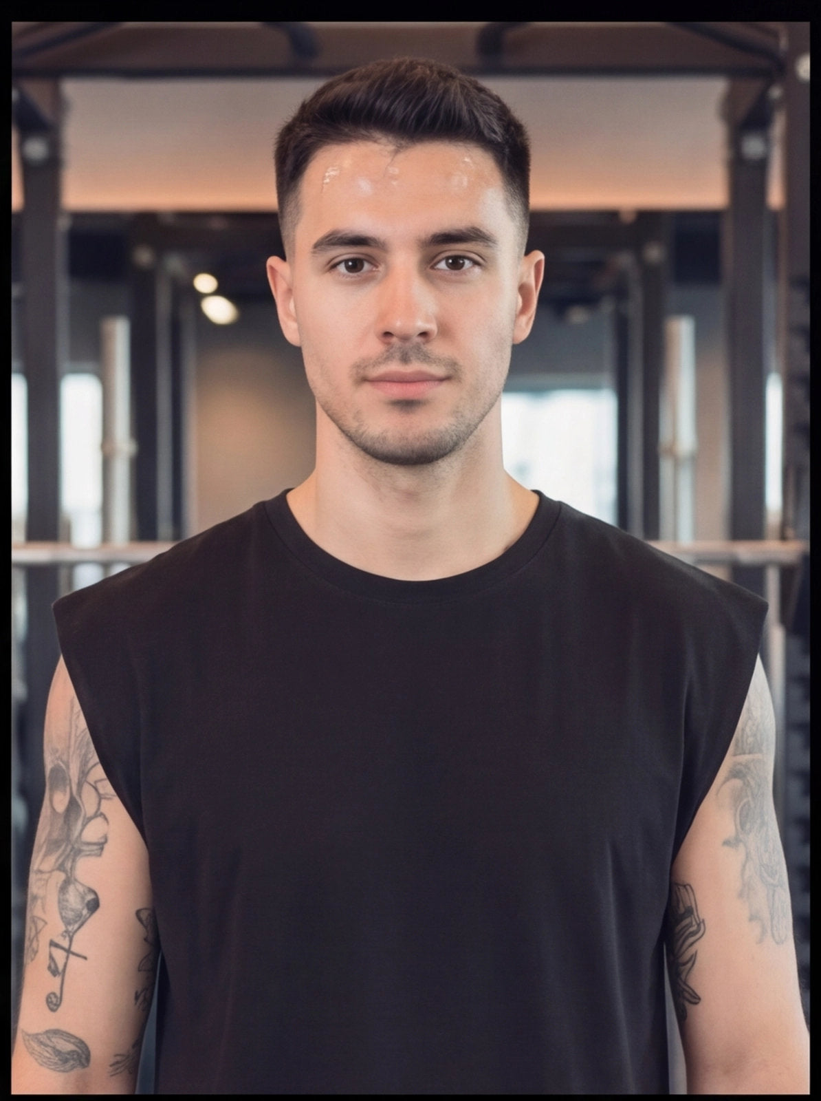 Man in black sleeveless gym shirt with tattoos, fitness training gear for athletes