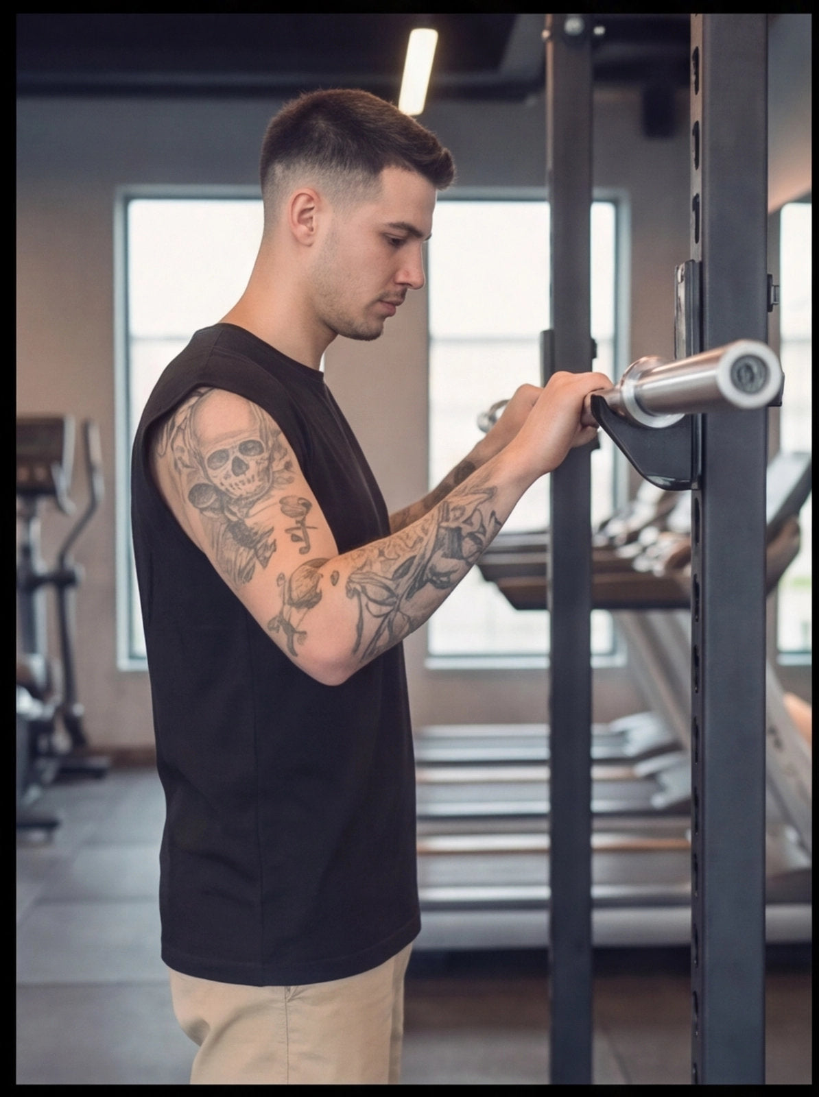 Man with tattooed arms adjusting barbell in gym, functional fitness training gear
