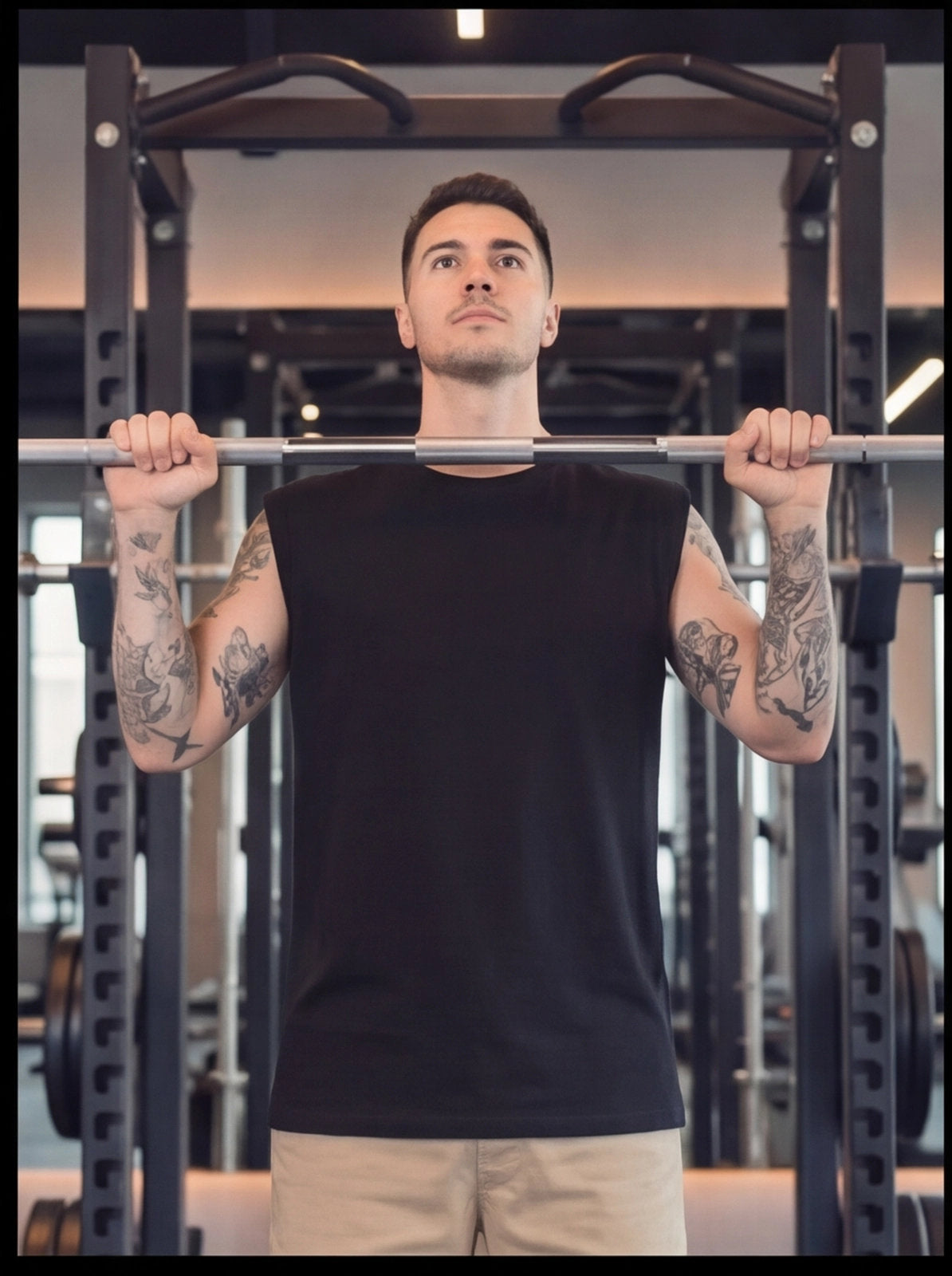 Man lifting barbell in gym, wearing black sleeveless shirt for functional fitness training