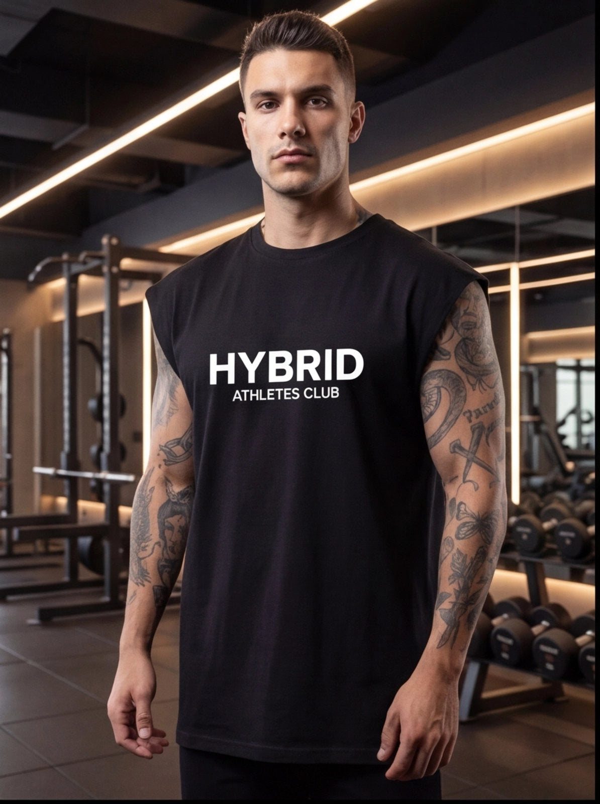 Man wearing black HYBRID ATHLETES CLUB sleeveless gym shirt in fitness studio
