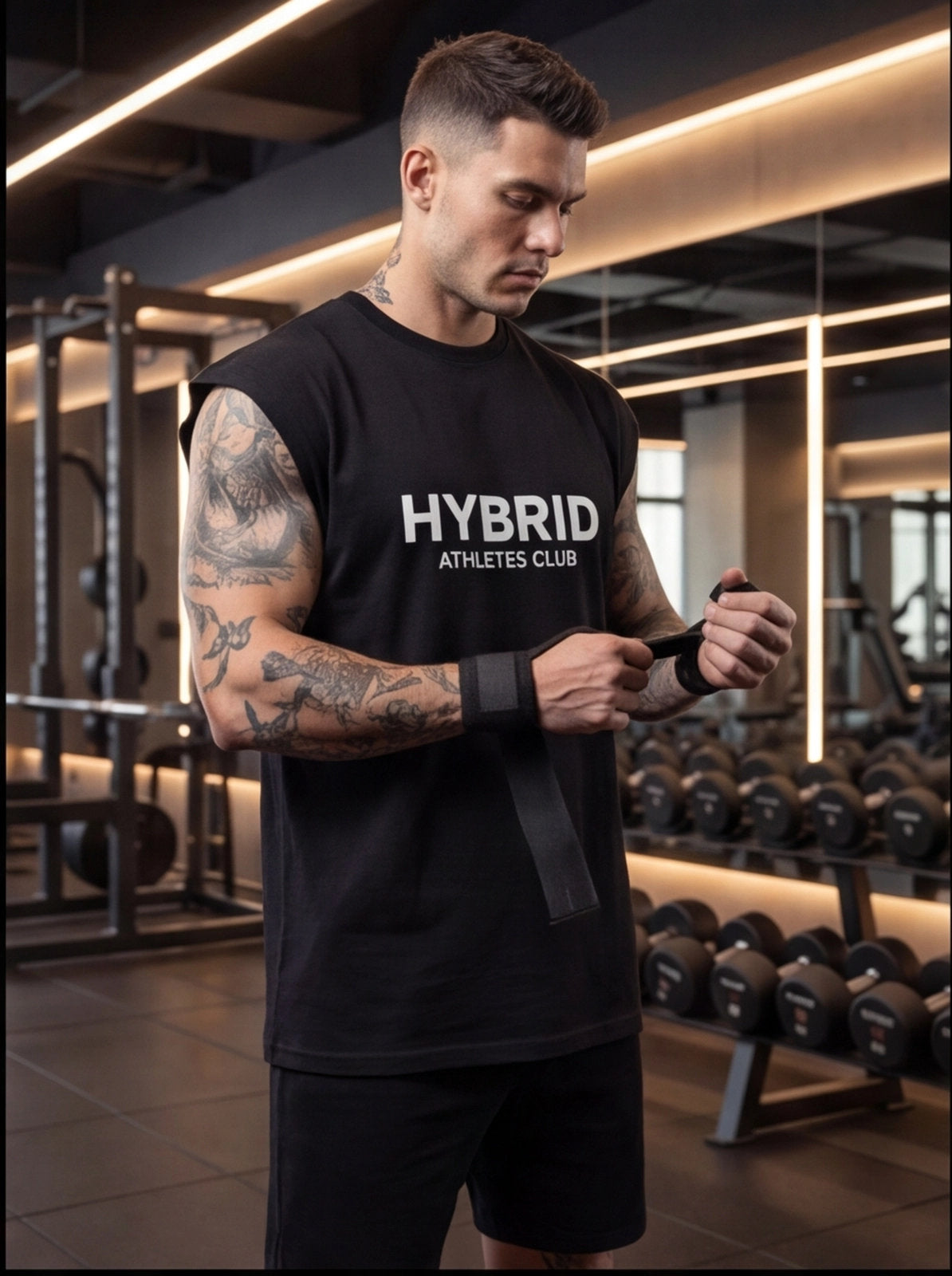Athlete in HYBRID ATHLETES CLUB sleeveless shirt wrapping wrist wraps in gym, functional fitness gear