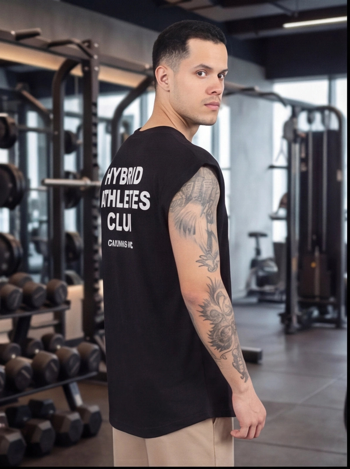 Man in gym wearing black 'Hybrid Athletes Club' sleeveless shirt, showcasing athletic wear for functional fitness training.