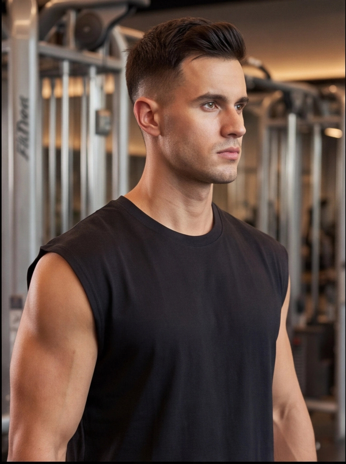 Athlete in black sleeveless gym shirt, focused in fitness center with strength training equipment