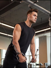 Athlete performing cable machine workout for strength training in gym