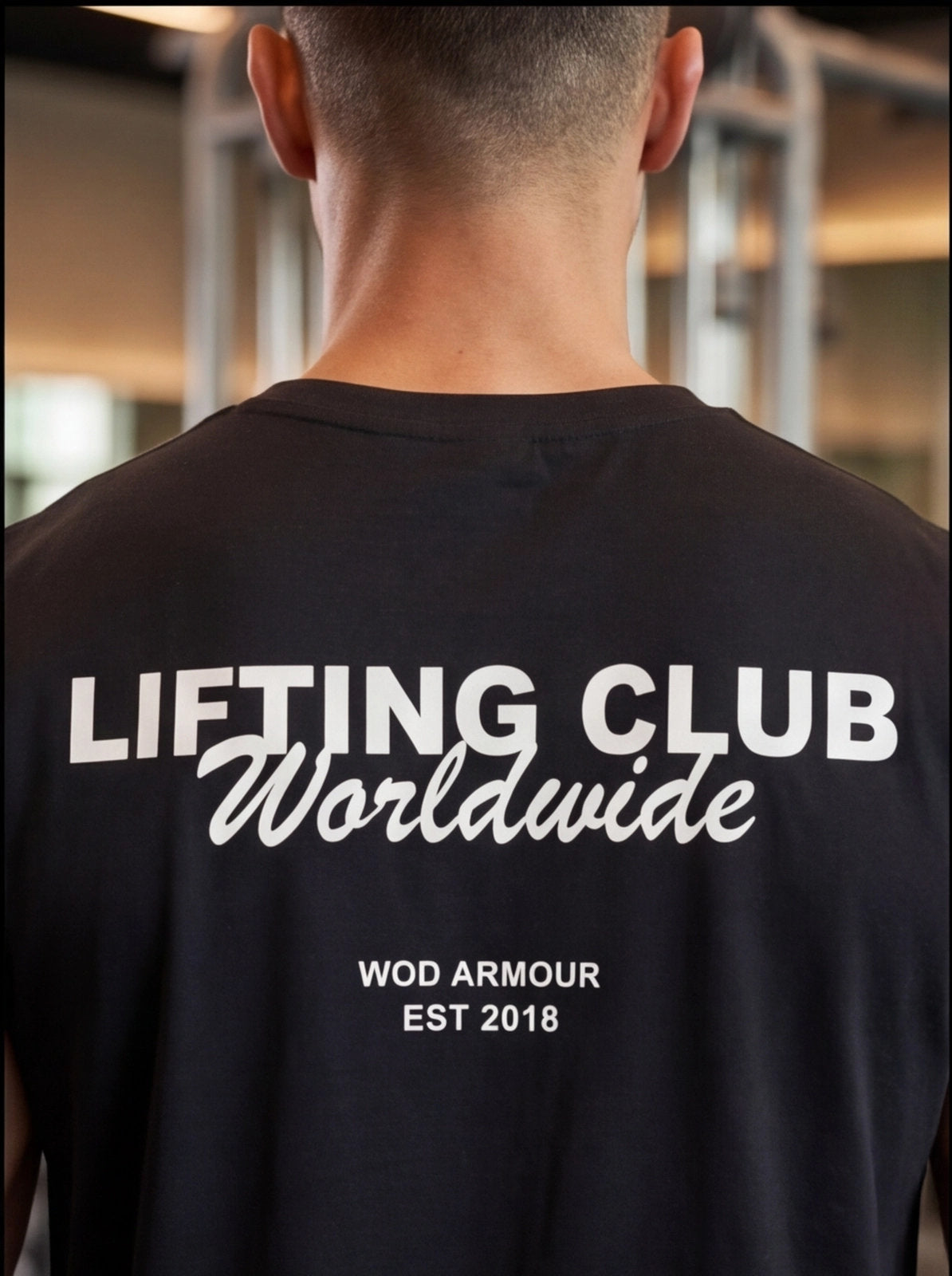 Black Lifting Club Worldwide gym t-shirt with WOD Armour logo, perfect for functional fitness training.