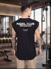 Man wearing black sleeveless gym shirt with 'PADEL CLUB Worldwide' print, showcasing athletic wear for functional fitness.