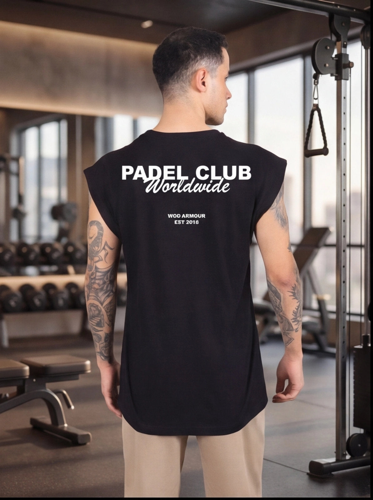 Man wearing black sleeveless gym shirt with 'PADEL CLUB Worldwide' print, showcasing athletic wear for functional fitness.