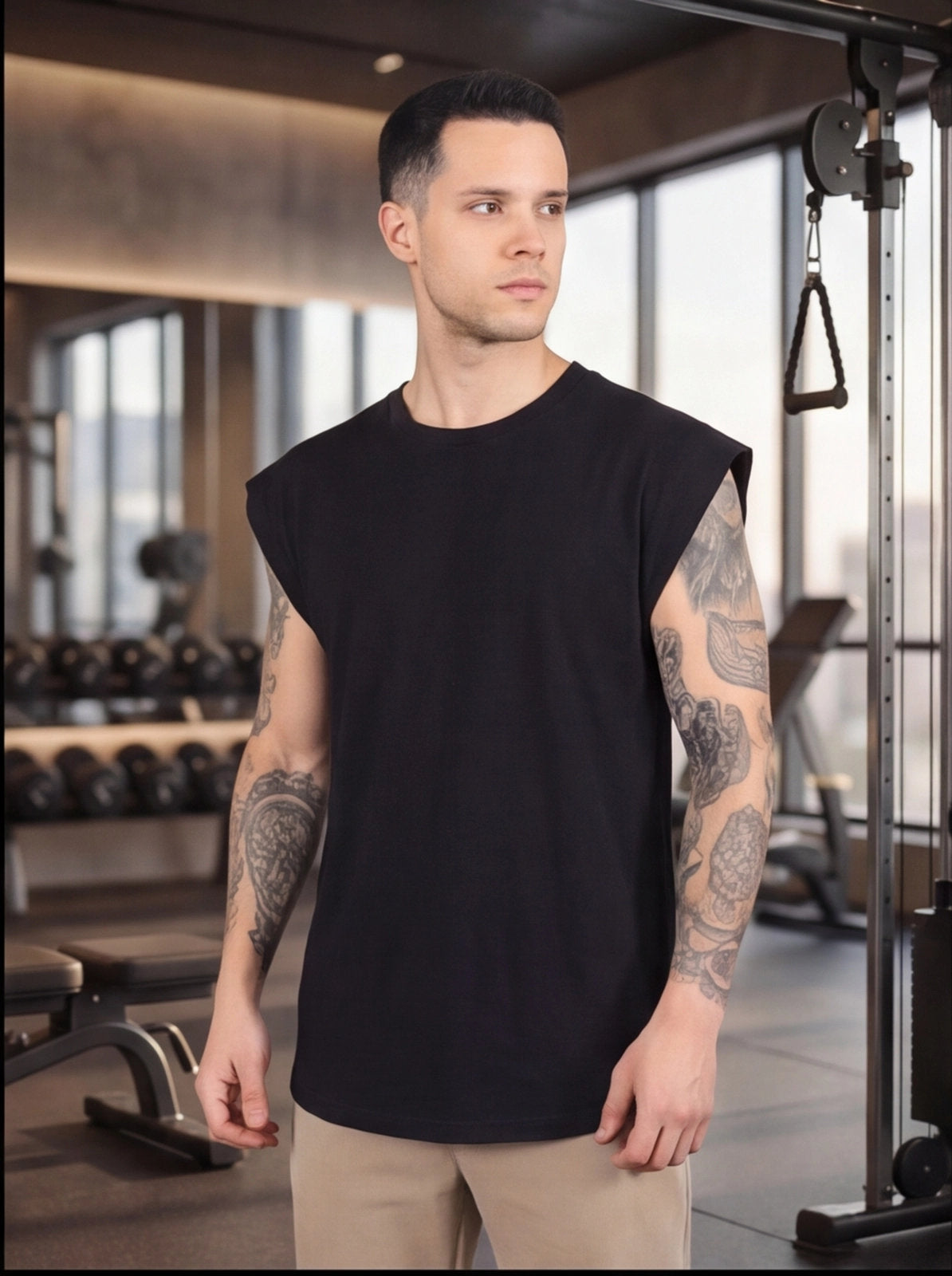 Man in black sleeveless gym shirt with tattoos, standing in fitness studio near weight equipment