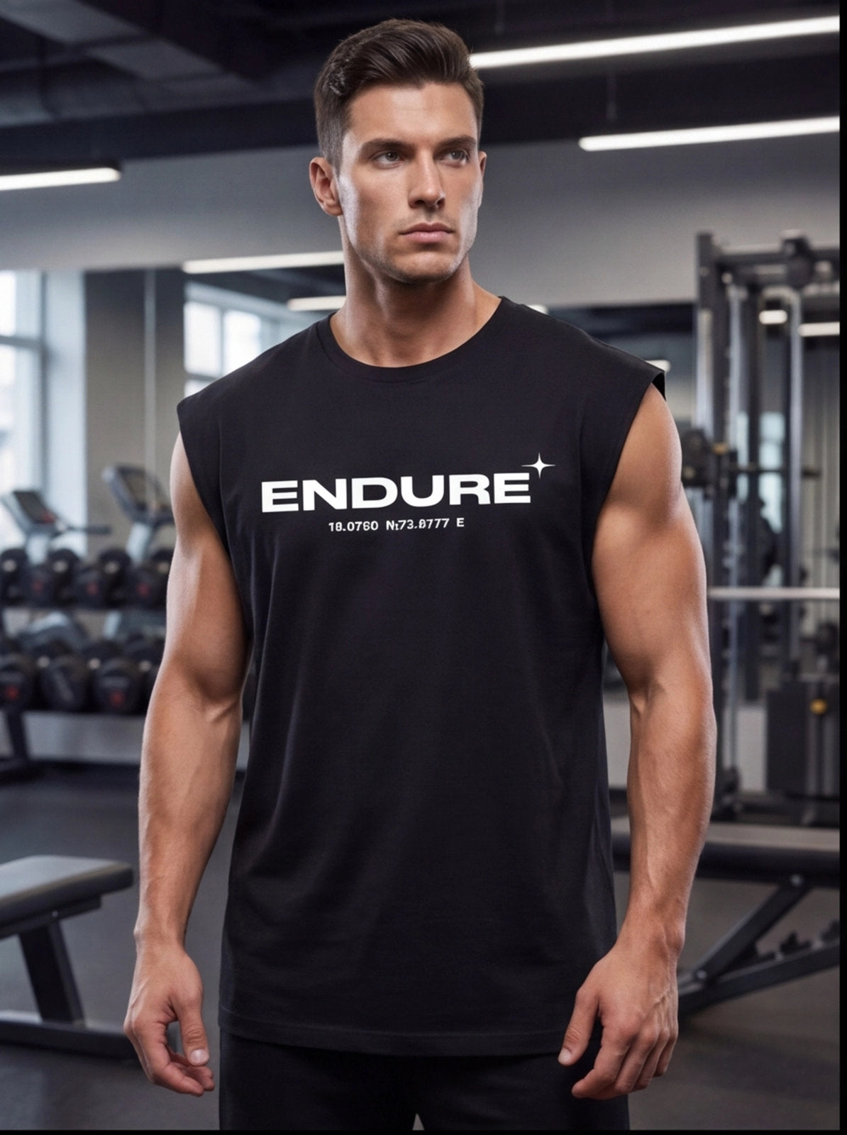 Muscular man wearing black ENDURE sleeveless gym shirt in fitness studio