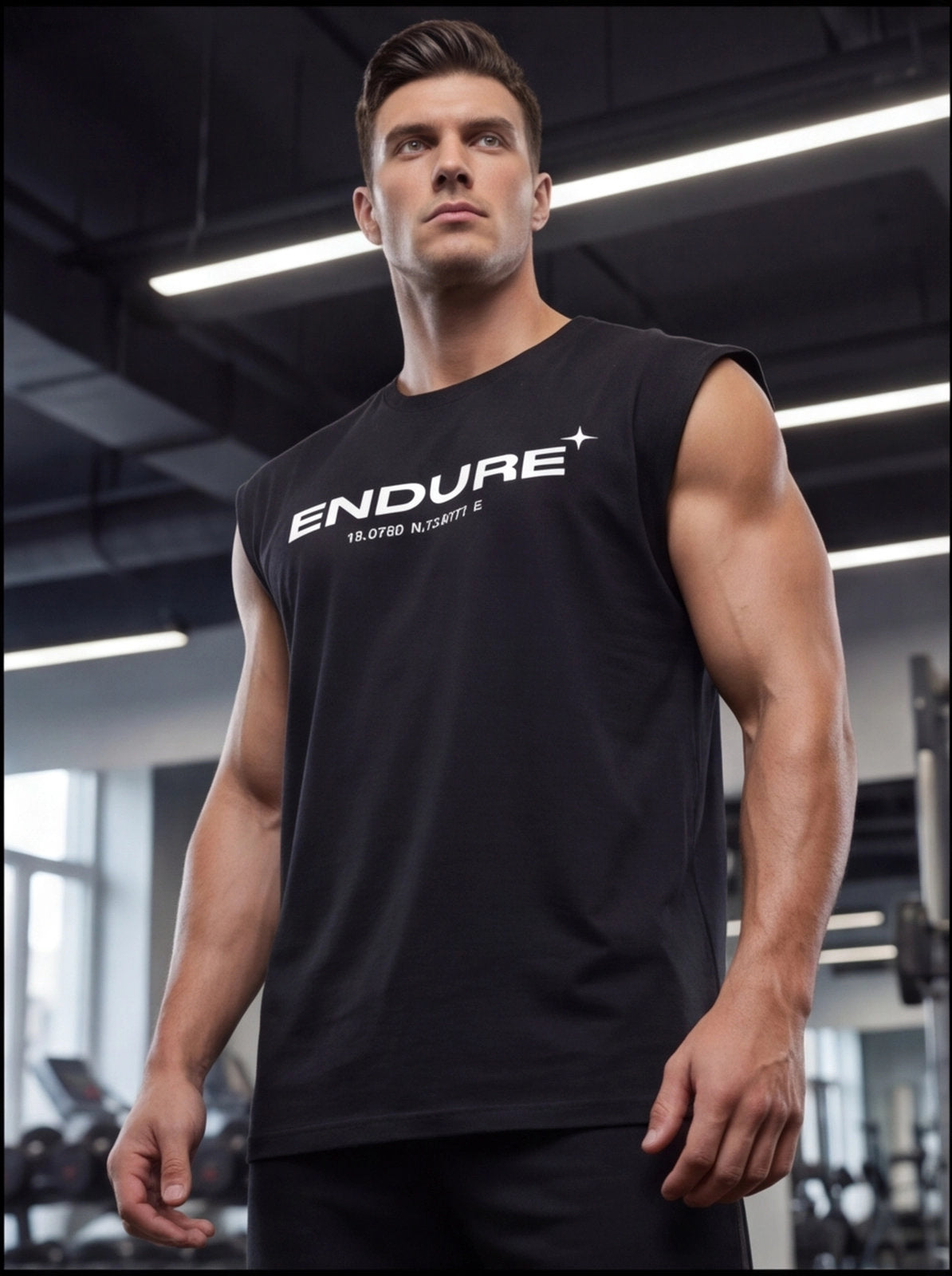 Man in black ENDURE sleeveless gym shirt, showcasing athletic build in fitness studio