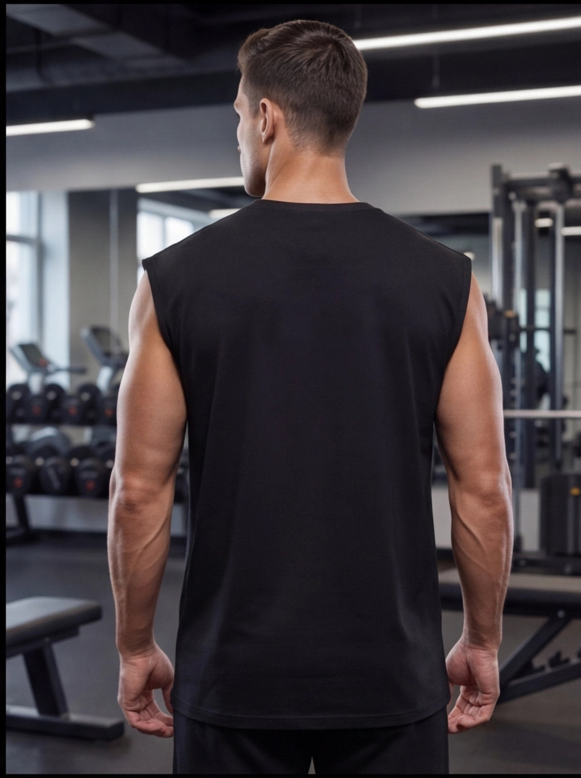 Man wearing black sleeveless gym shirt, showcasing muscle definition in fitness center