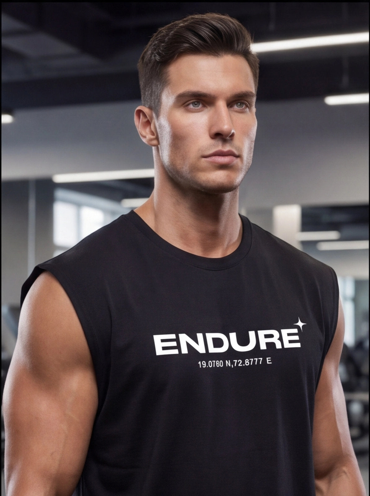 Man in black ENDURE sleeveless gym shirt with coordinates, fitness apparel for athletes