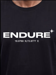 Black ENDURE graphic tee with coordinates, ideal for functional fitness and athletic training.