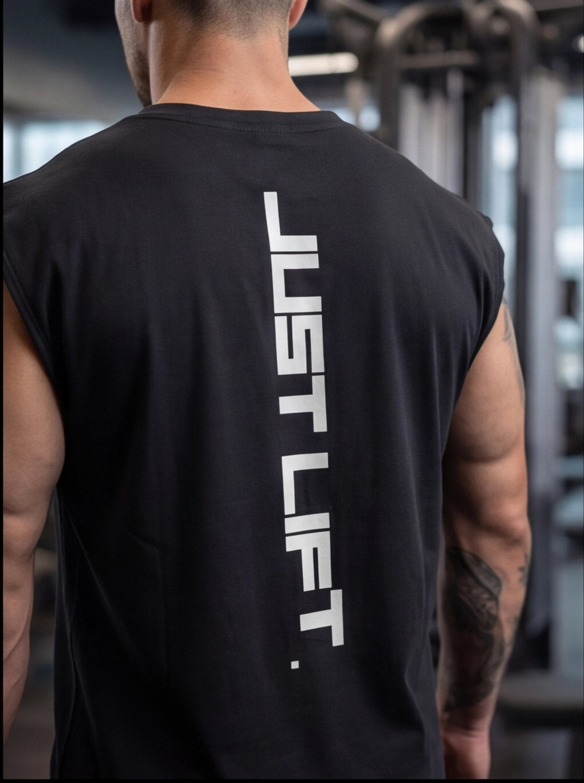 Man wearing black 'JUST LIFT' gym tank top, showcasing athletic build in fitness setting
