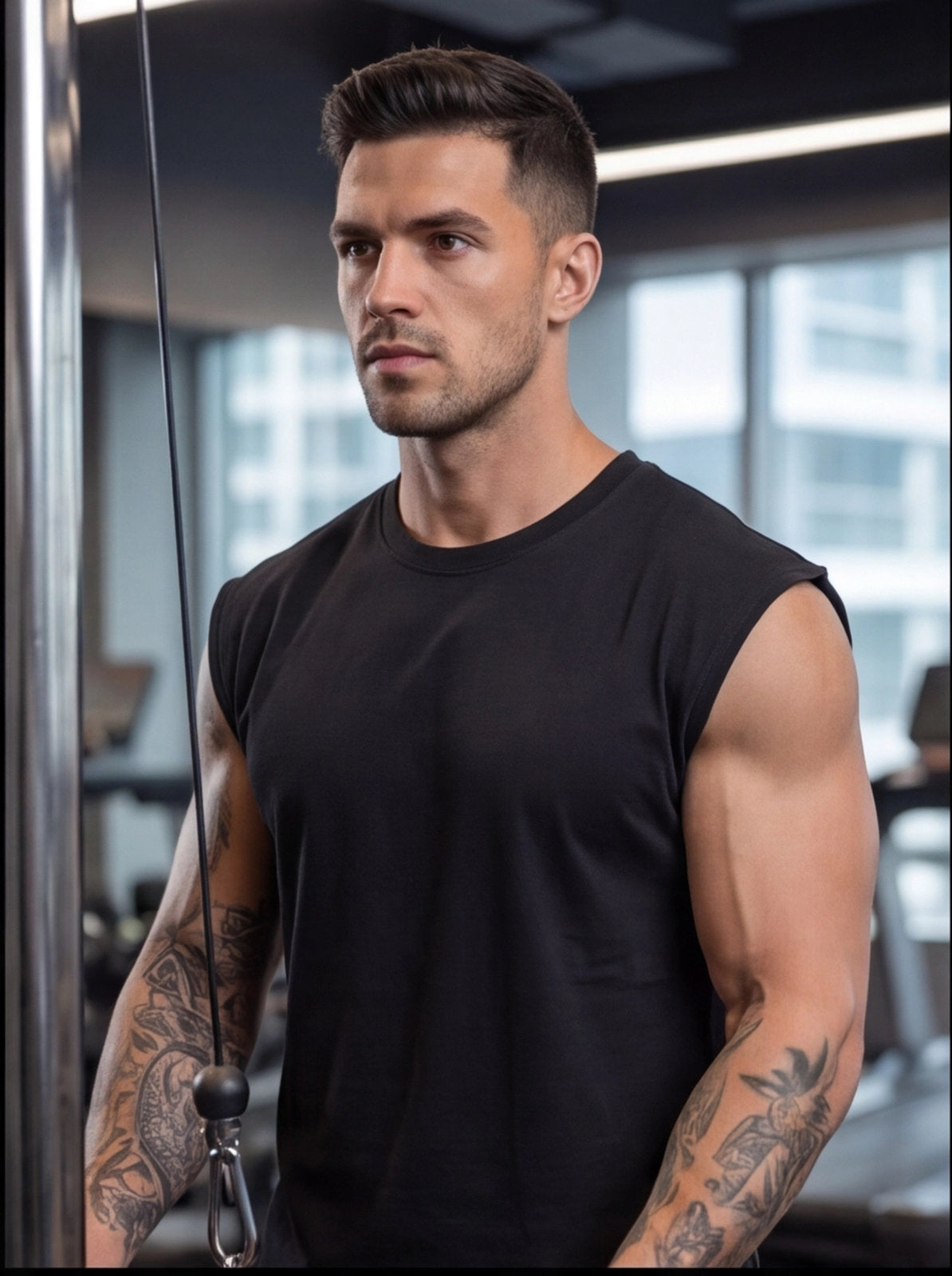 Athlete in black sleeveless gym shirt using cable machine for strength training