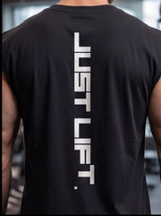 Black sleeveless gym shirt with 'JUST LIFT' vertical text, worn by athlete for functional fitness training.