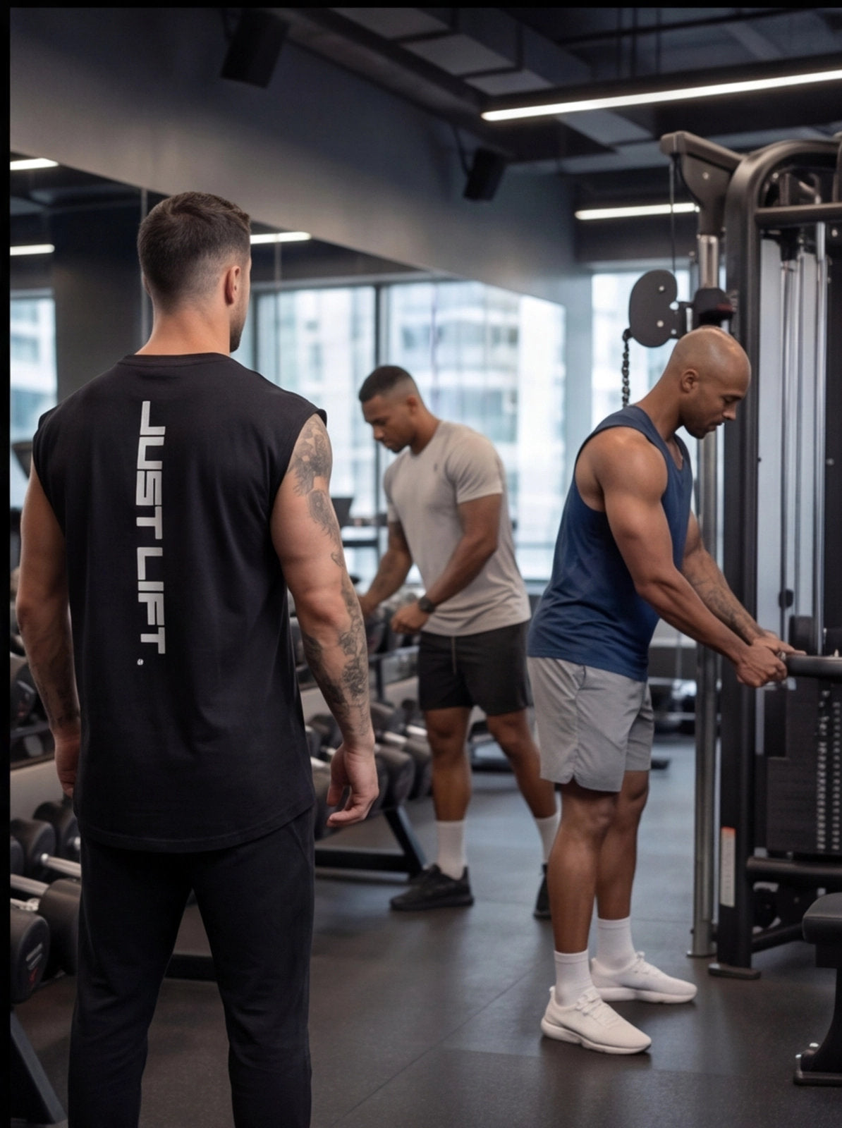 Men working out in gym wearing athletic tank tops and shorts, lifting weights for strength training