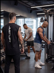 Men working out in gym wearing athletic tank tops and shorts, lifting weights for strength training