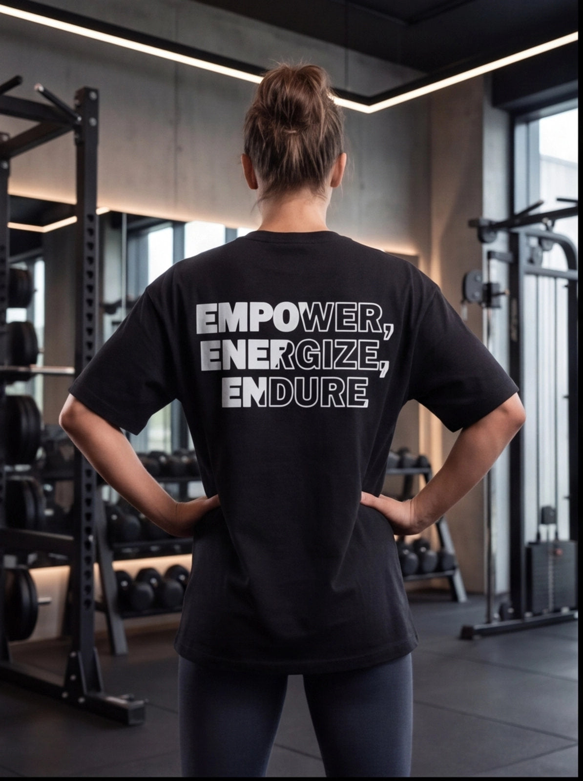 Woman in gym wearing black t-shirt with 'EMPOWER, ENERGIZE, ENDURE' text for functional fitness training