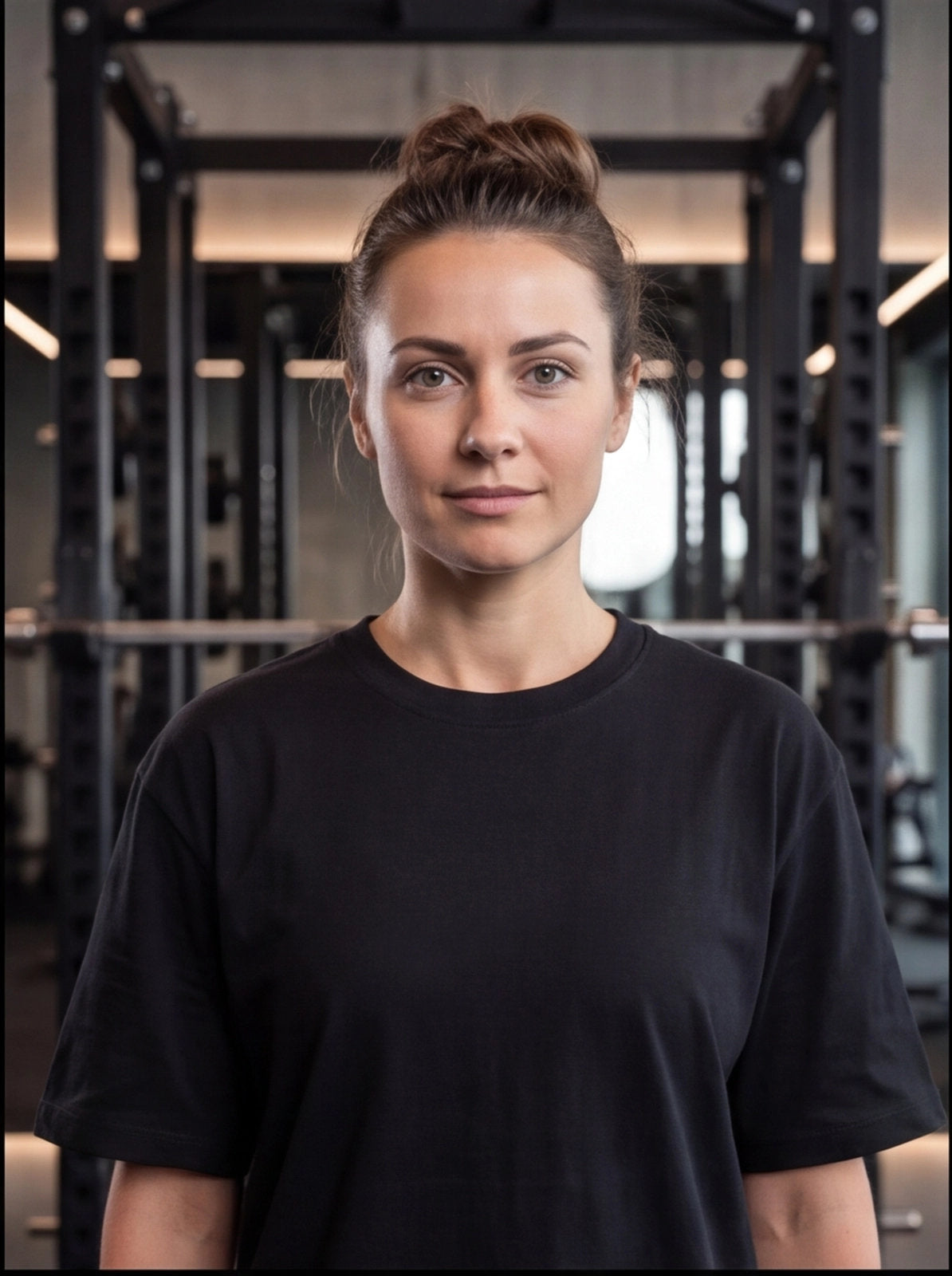 Woman in black fitness t-shirt at gym, ready for functional training and strength workouts