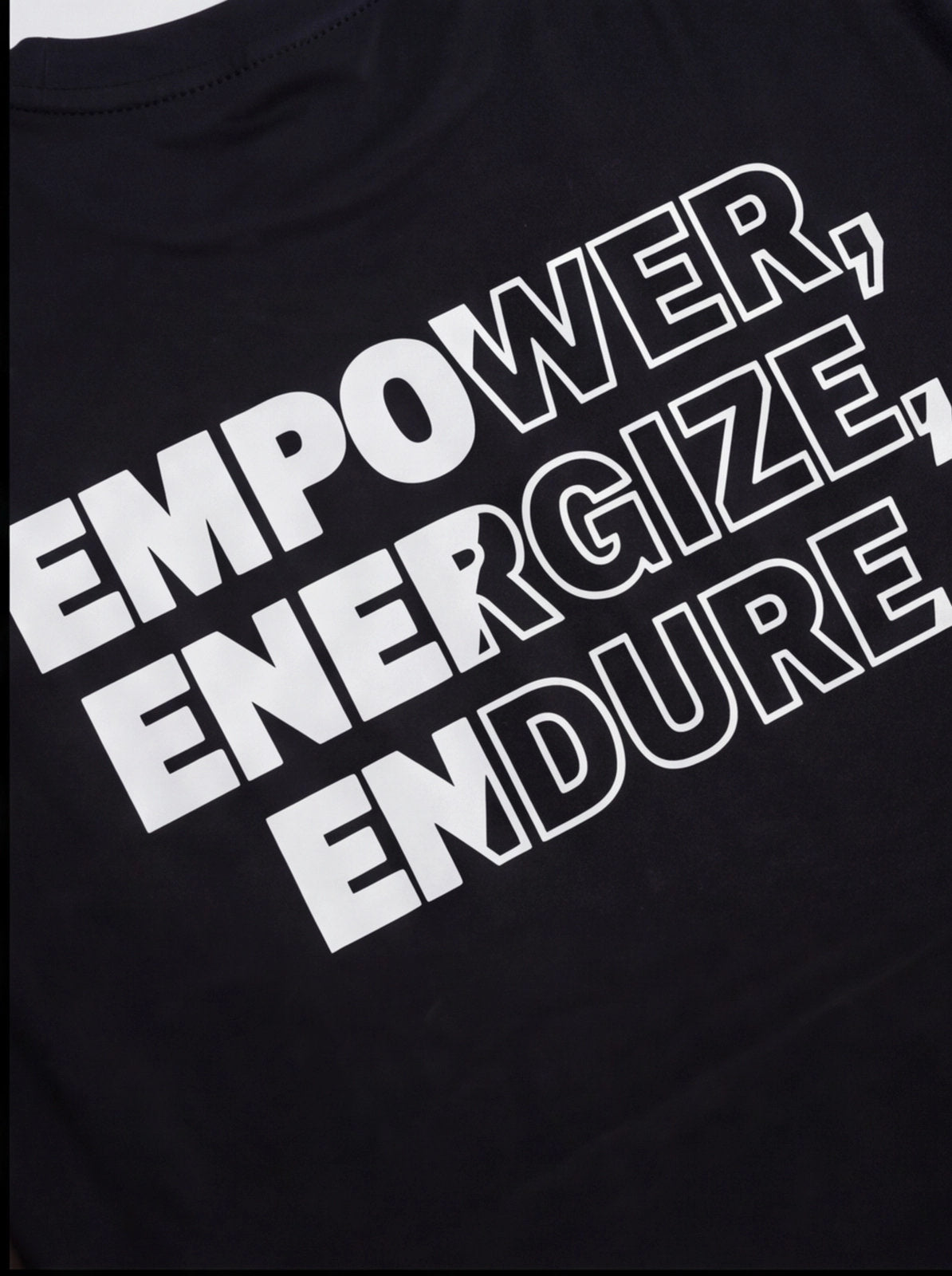 Black athletic tank top with bold white 'EMPOWER, ENERGIZE, ENDURE' text for functional fitness training
