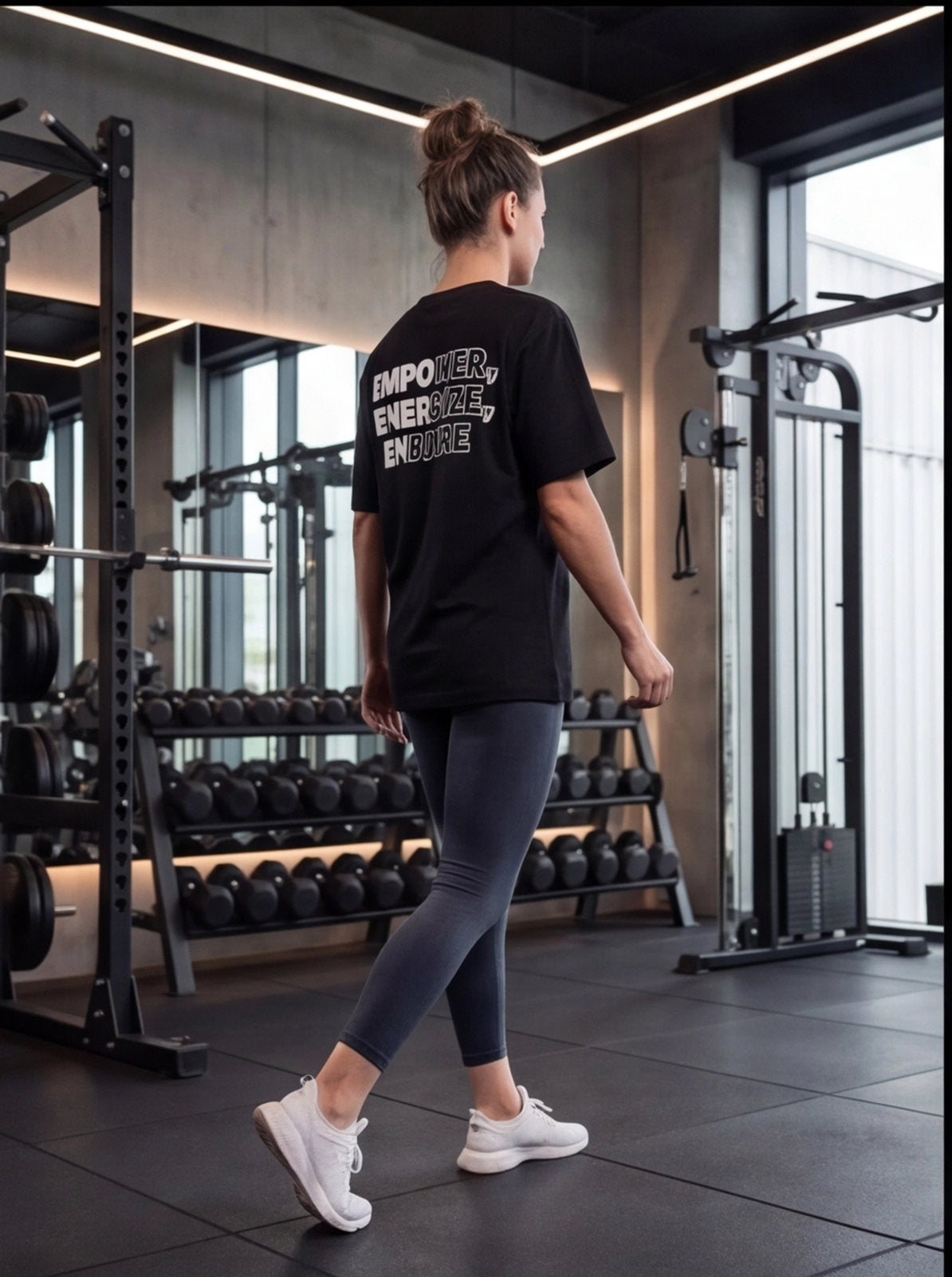 Woman in gym wearing black 'EMPOWER, ENERGIZE, ENDURE' t-shirt, leggings, white sneakers, near dumbbells and racks