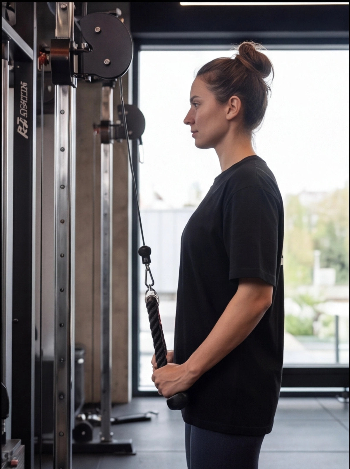 Woman using cable machine for functional fitness training in gym