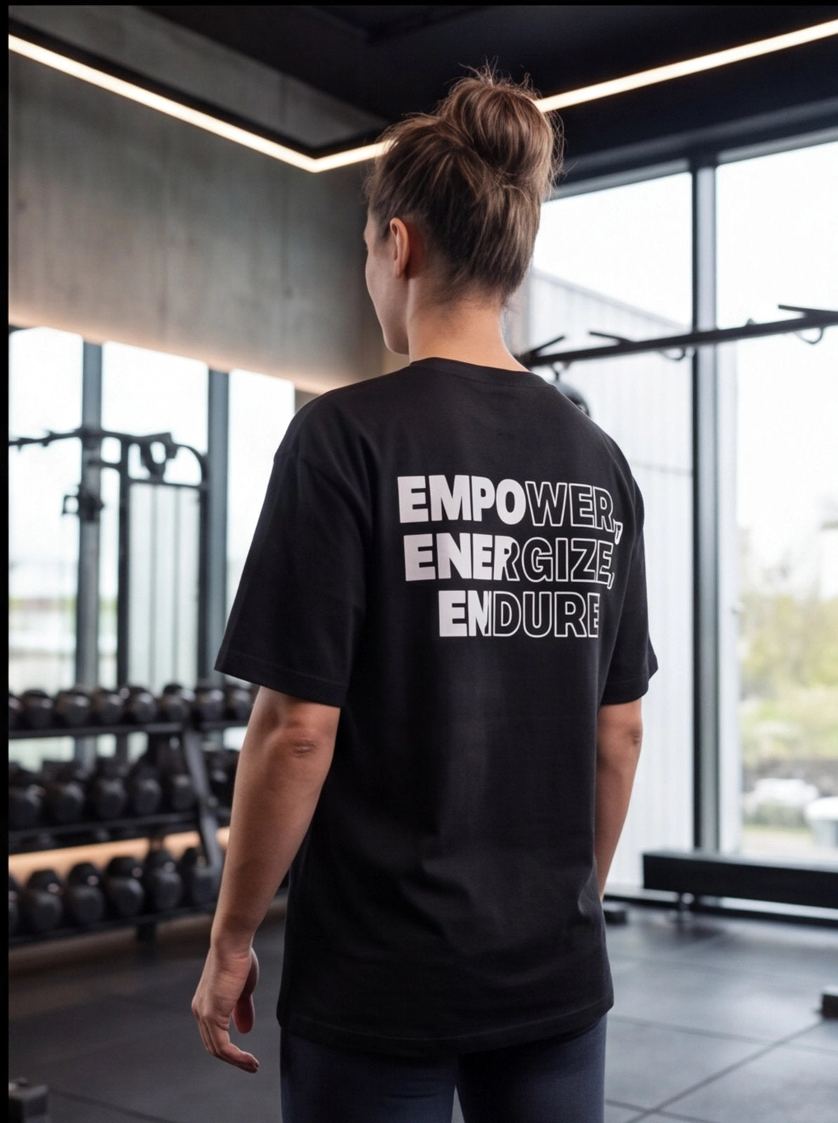 Woman in gym wearing black fitness tee with 'EMPOWER, ENERGIZE, ENDURE' back print for functional training