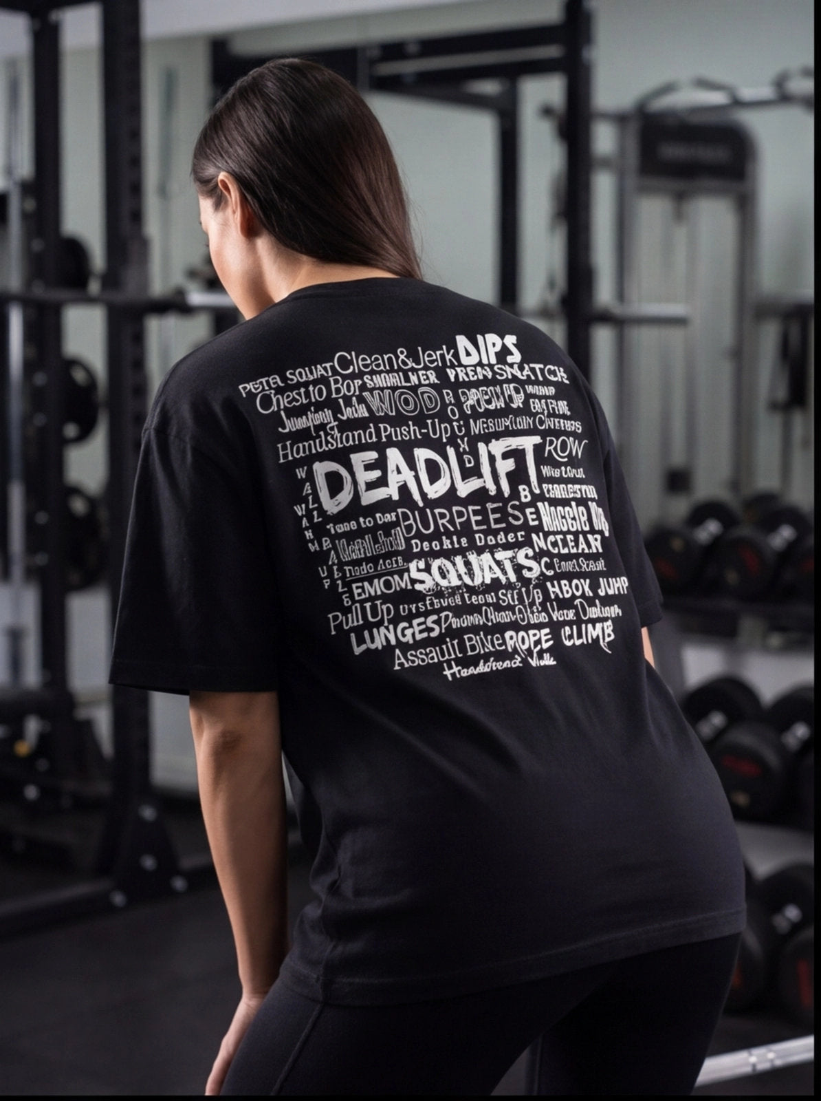 Woman in gym wearing black fitness t-shirt with workout terms like Deadlift, Squats, Burpees for functional training