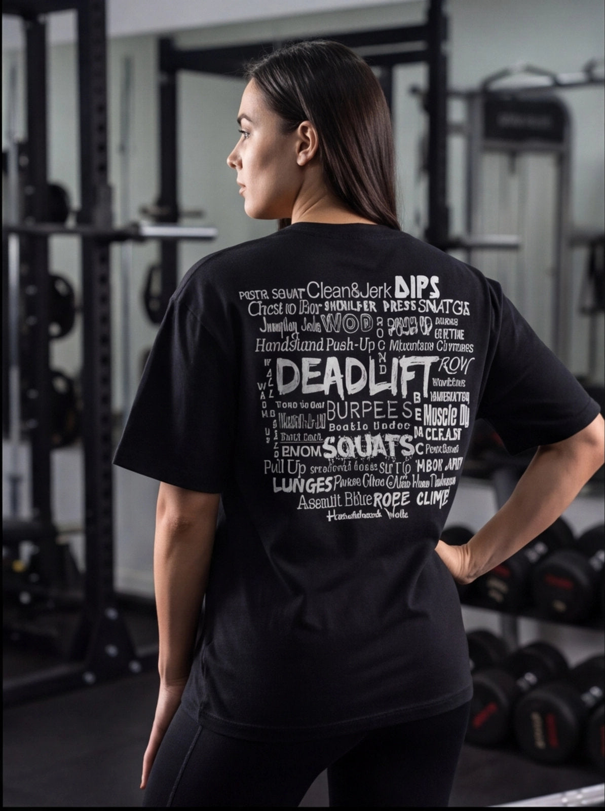 Woman wearing black fitness t-shirt with workout terms like Deadlift, Squats, WOD in gym