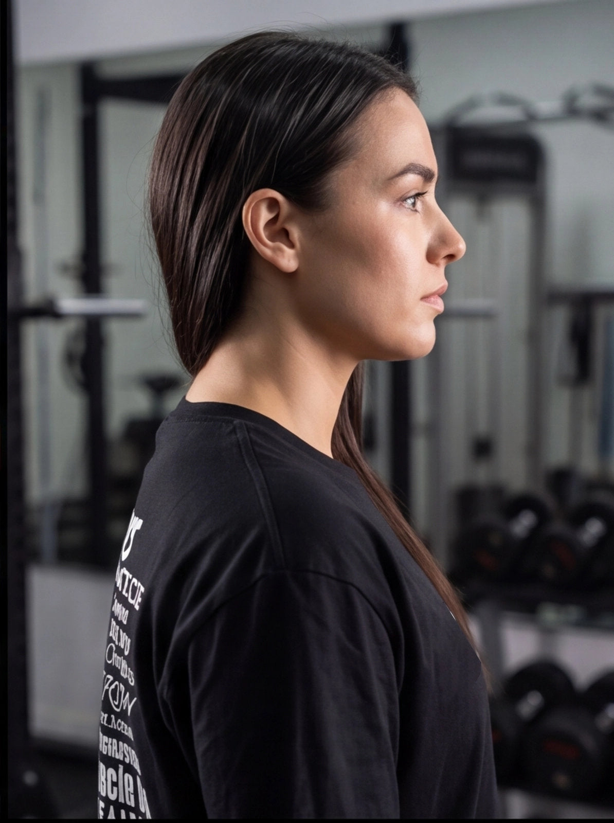 Woman in black fitness shirt at gym, focused side profile, functional training apparel