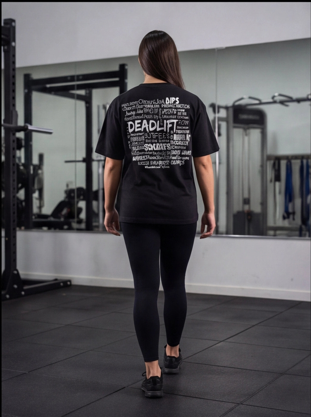 Woman in gym wearing black fitness t-shirt with deadlift and squat print, ideal for functional training and CrossFit workouts.