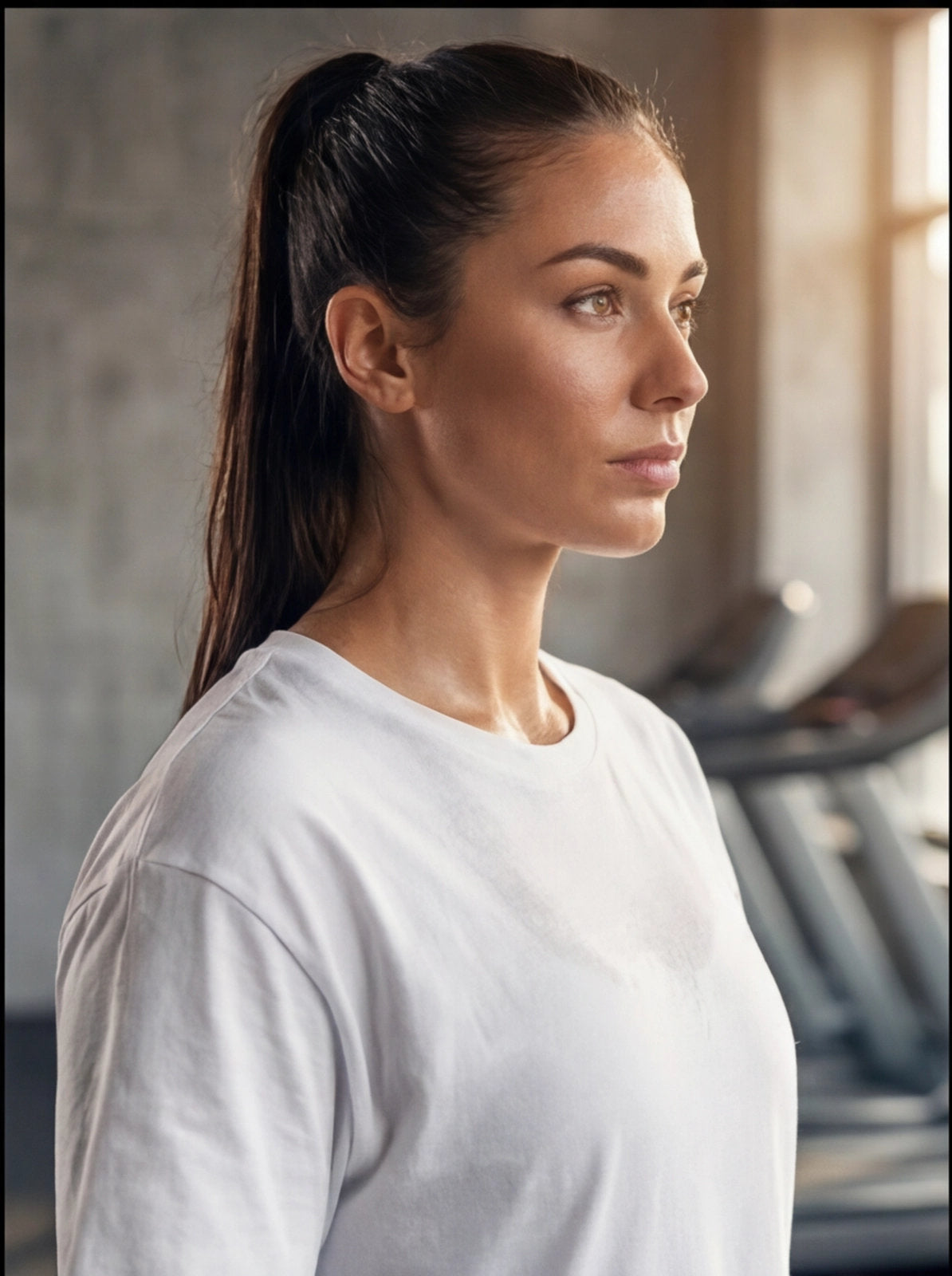 Woman in white athletic shirt at gym, focused expression, fitness training environment