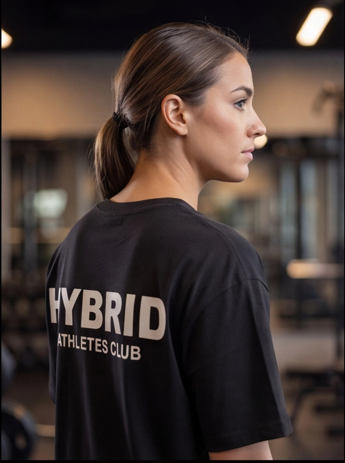 Woman in gym wearing black HYBRID ATHLETES CLUB t-shirt for functional fitness training