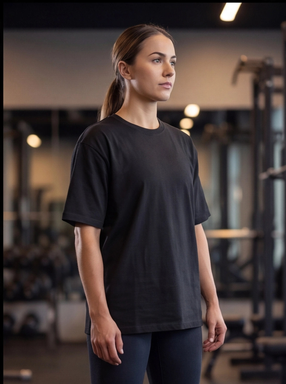 Woman in black athletic t-shirt at gym, functional fitness apparel for performance and injury prevention