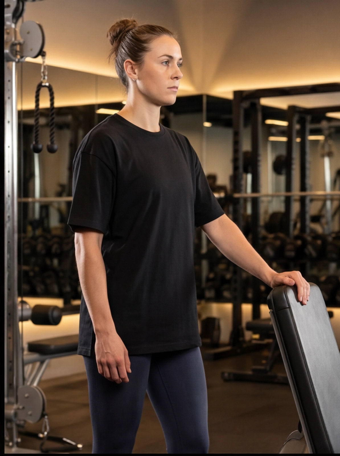 Woman in black gym t-shirt and leggings at functional fitness studio, ready for workout
