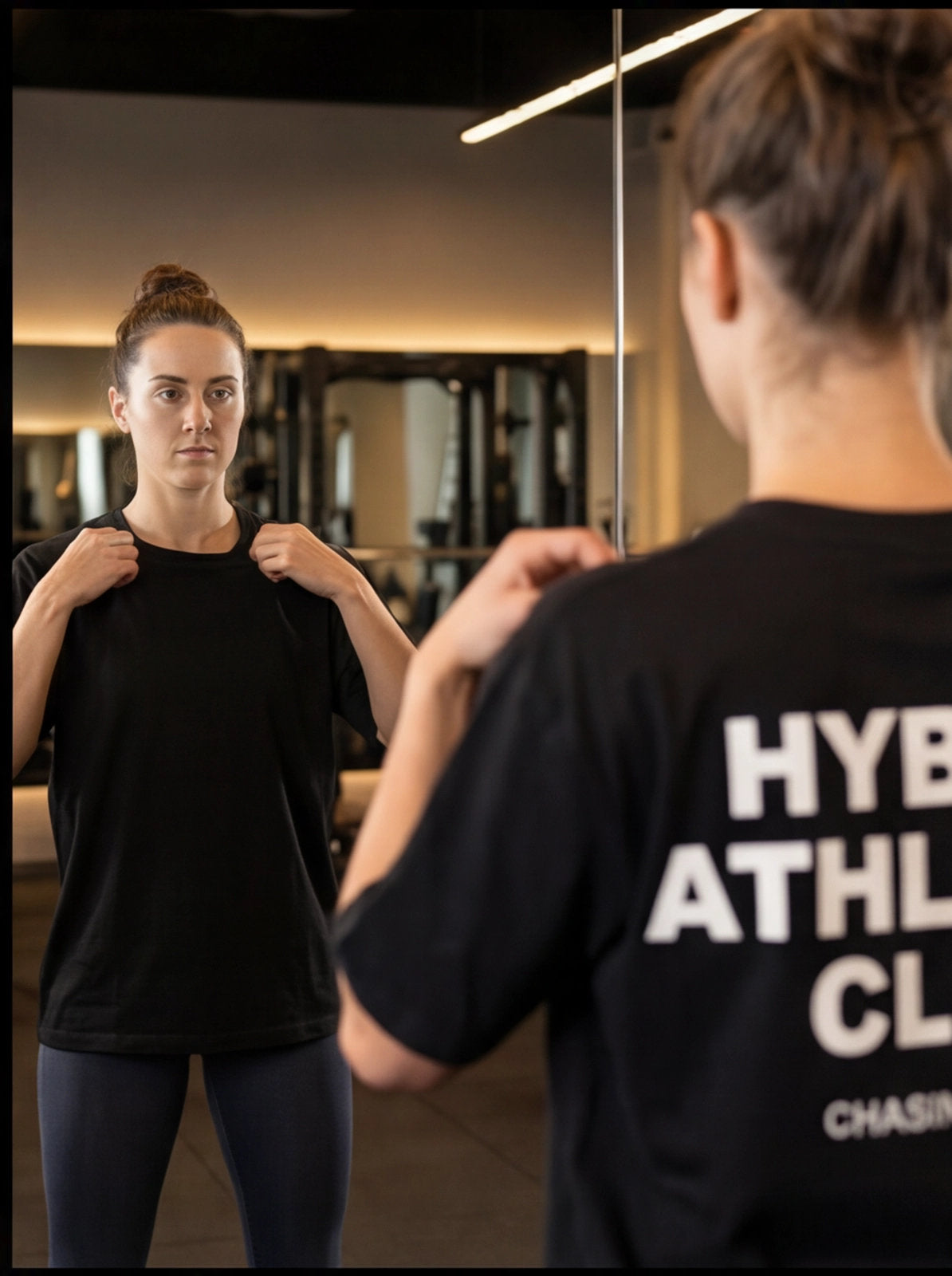 Woman adjusting black hybrid athletic club t-shirt in gym mirror, fitness apparel for performance and injury prevention