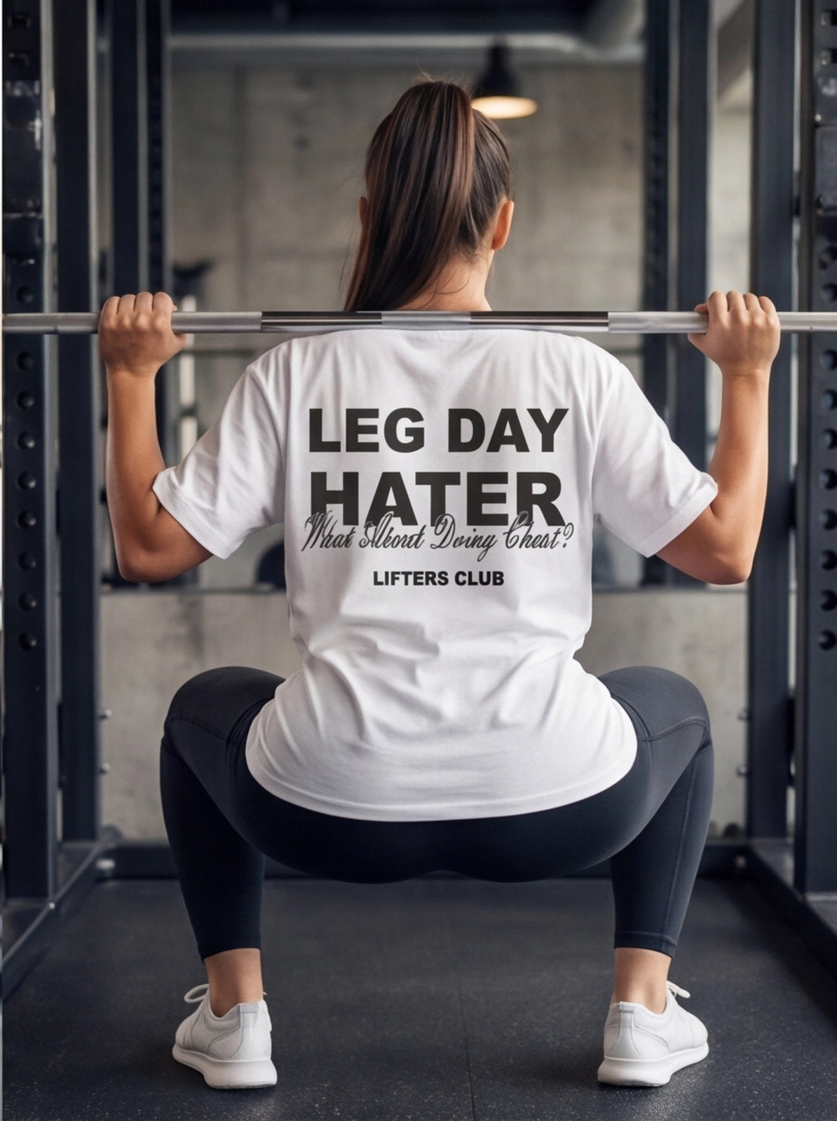 Woman squatting with barbell wearing 'Leg Day Hater' gym shirt, fitness apparel for lifters