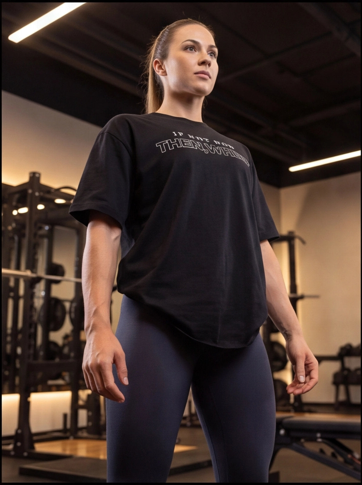 Woman in black fitness tee with 'IF NOT NOW THEN WHEN' text, gym setting, athletic wear for functional training