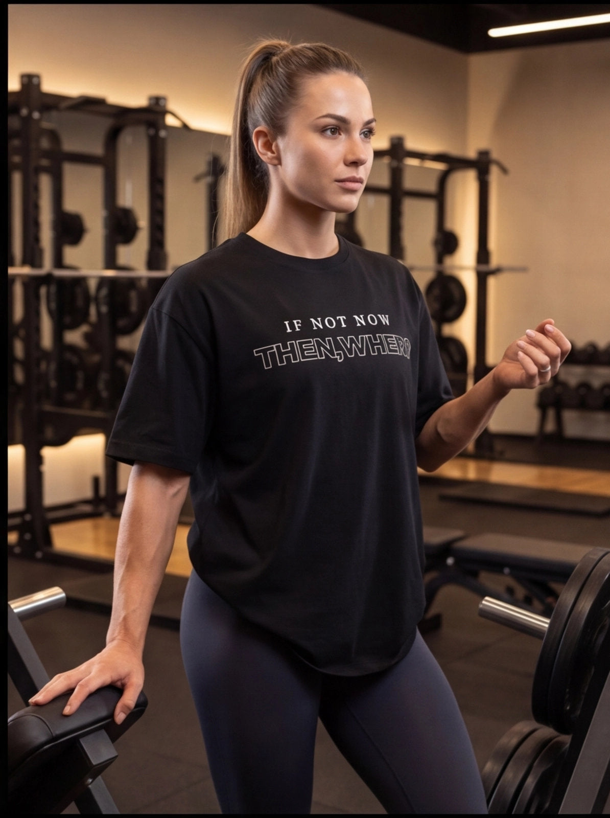 Woman in gym wearing black motivational fitness tee and leggings, ready for workout