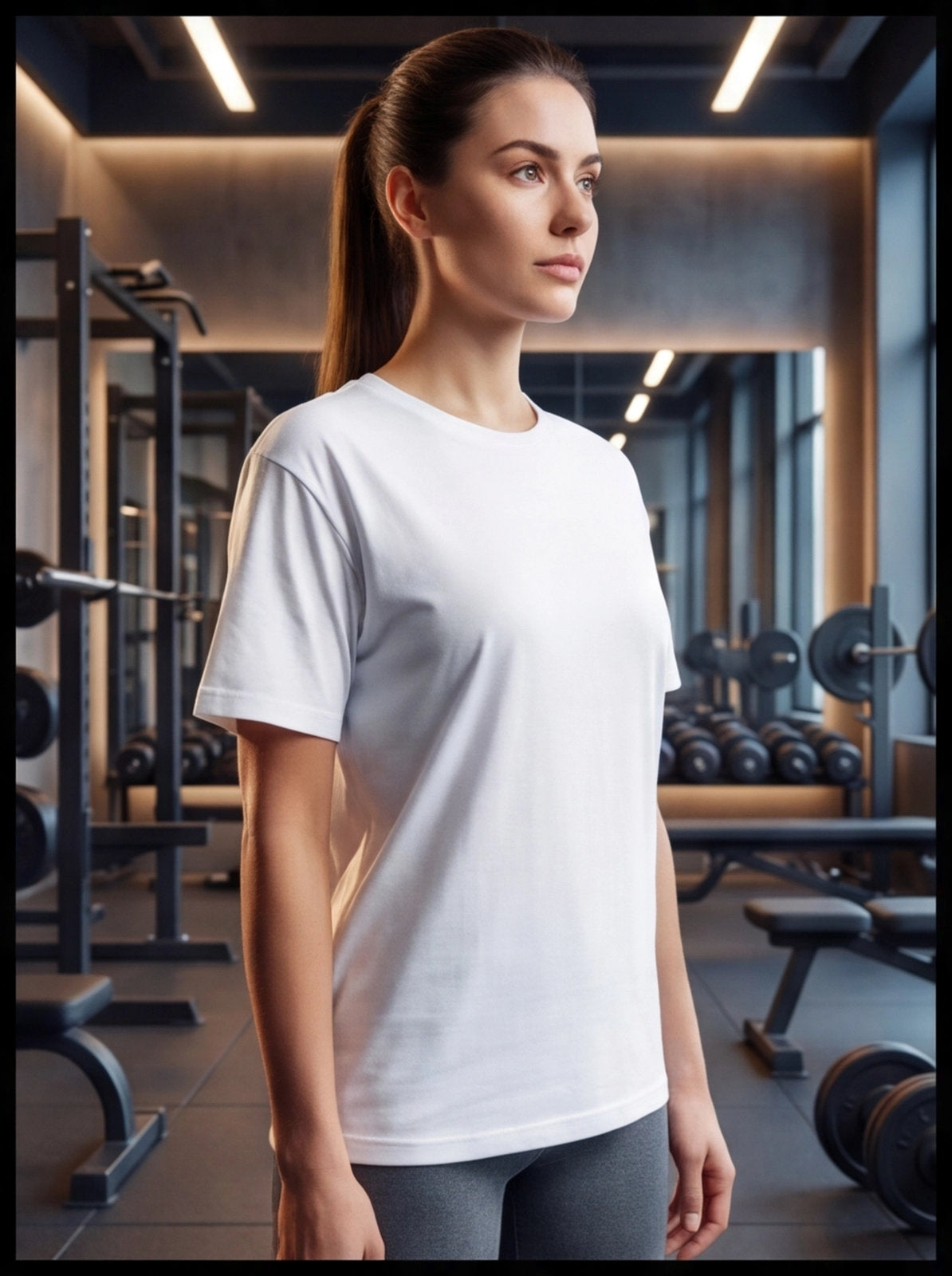 Woman in white gym t-shirt at functional fitness facility, ready for workout