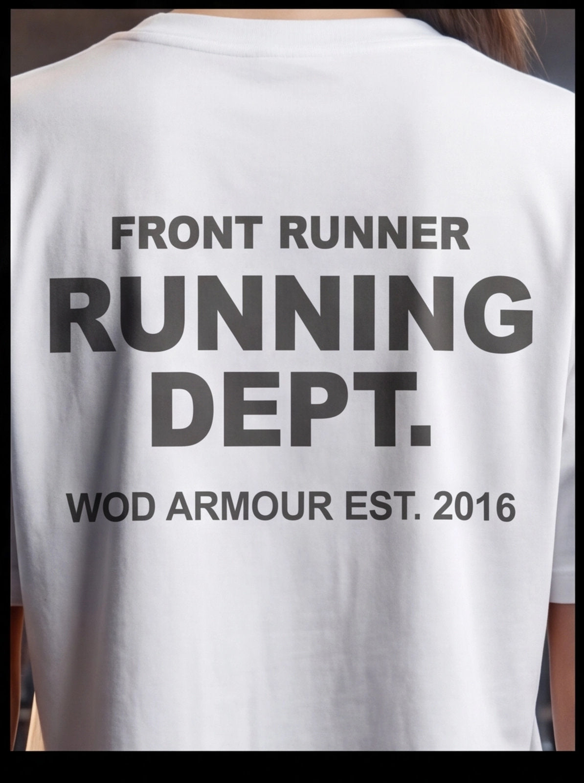 White running t-shirt with 'Front Runner Running Dept.' text, WOD Armour est. 2016, functional fitness apparel
