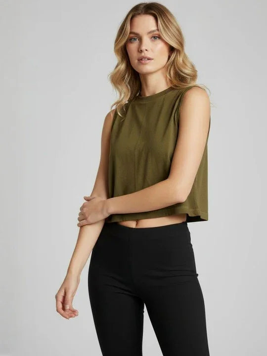 Women's Crop Muscle Tank Top - Olive Green - wodarmour