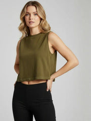 Women's Crop Muscle Tank Top - Olive Green - wodarmour