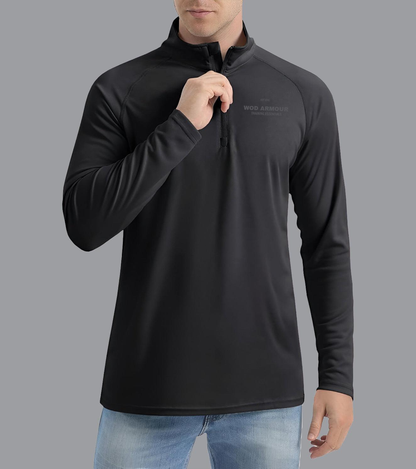 Men's Black Dry Fit Half Zip Long Sleeve Running T-Shirt - wodarmour