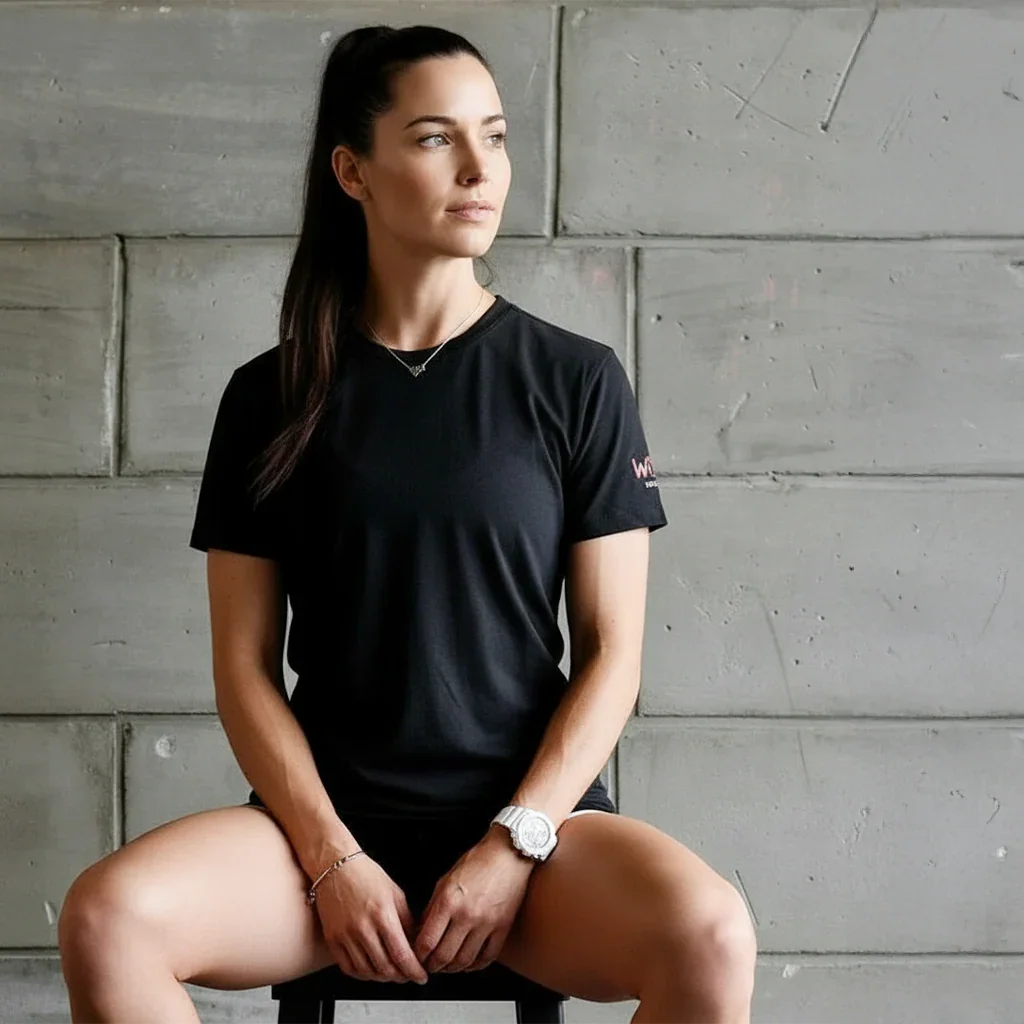 Athletic woman in black performance t-shirt and shorts sits against concrete wall
